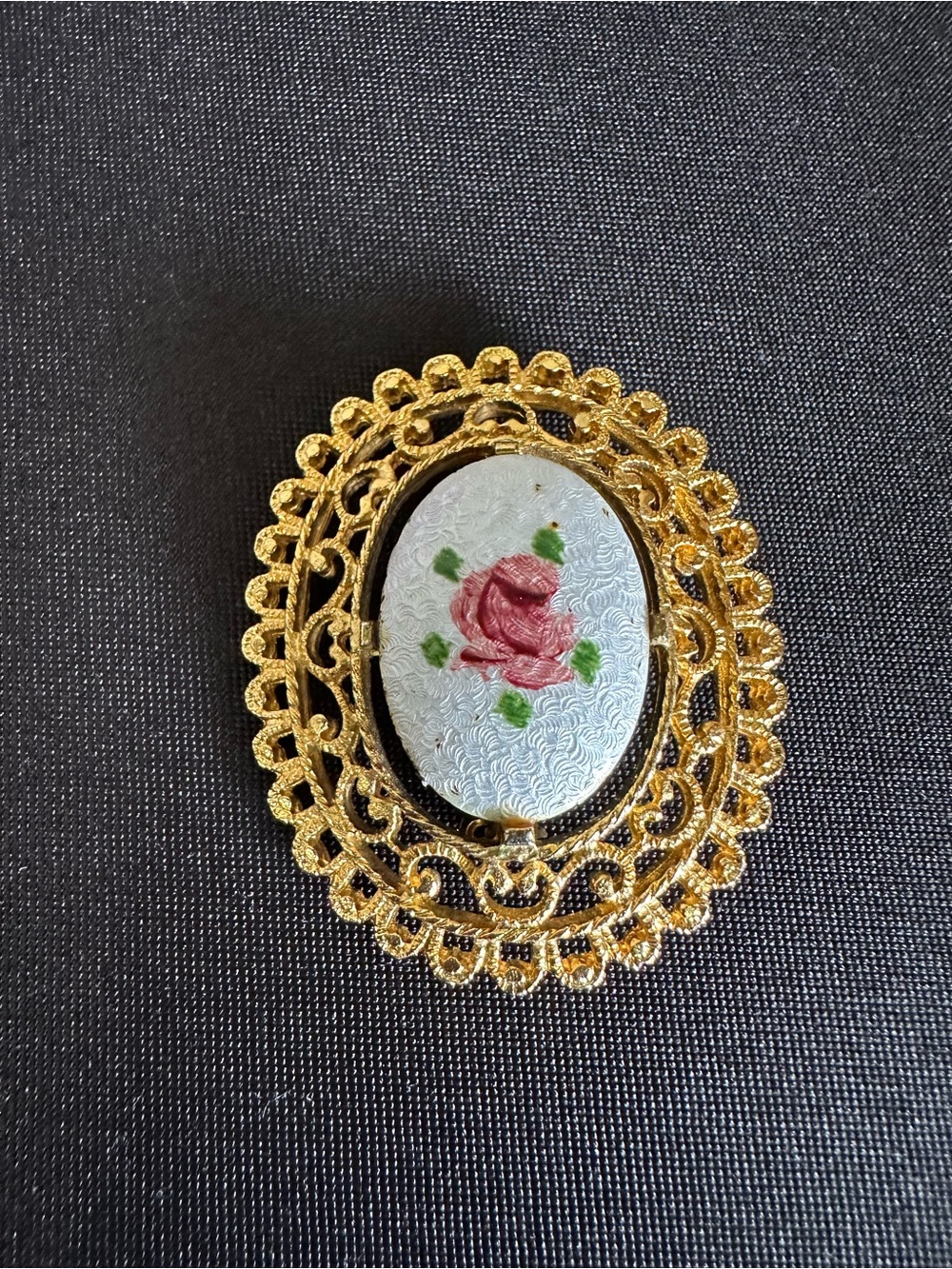 Vintage Gold Plated Guilloche Enamel Rose Brooch